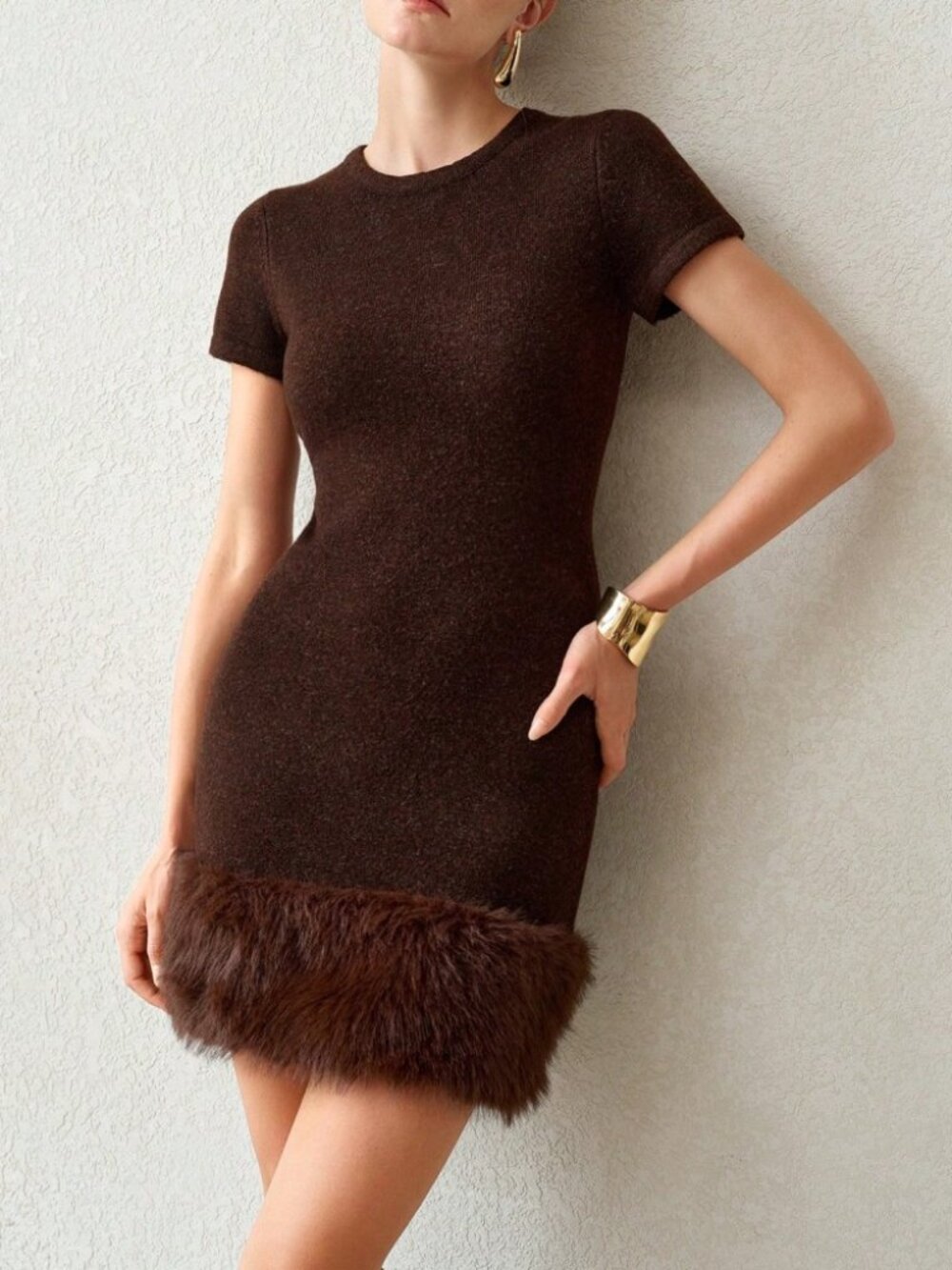 Brown Knit Faux Fur Hem Short Sleeve Slim Fit Sweater Dress